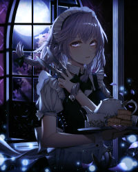 Rule 34 | 1girl, absurdres, apron, blouse, blue dress, bow, braid, cecil86, dress, floating hair, frilled apron, frills, full moon, hair between eyes, hair bow, highres, holding, holding knife, holding tray, indoors, izayoi sakuya, knife, light particles, maid, maid apron, maid headdress, medium hair, moon, moonlight, petals, puffy short sleeves, puffy sleeves, purple eyes, purple hair, shirt, short sleeves, solo, touhou, tray, twin braids, weapon, white shirt, wind, window