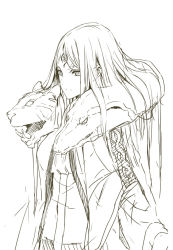 Rule 34 | 1girl, androgynous, bare shoulders, creature, dress, holding, lineart, long hair, monochrome, morii shizuki, simple background, solo, standing, very long hair, white background