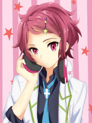 10s 1girl female_focus hair_ornament hairclip headphones highres izham-zk9 looking_at_viewer minase_koito musaigen_no_phantom_world necktie red_eyes red_hair school_uniform short_hair sleeves_rolled_up solo star_(symbol)