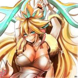 Rule 34 | 1girl, arms up, at2., blonde hair, blue eyes, breasts, cleavage, covered erect nipples, large breasts, long hair, looking at viewer, puzzle &amp; dragons, sakuya (p&amp;d), solo, upper body, very long hair