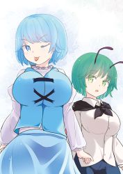 Rule 34 | 2girls, adda, alternate breast size, antennae, black cape, blue eyes, blue hair, blue shorts, blue skirt, blue vest, breasts, cape, closed mouth, collared shirt, commentary request, cowboy shot, green eyes, green hair, highres, juliet sleeves, large breasts, long sleeves, looking at viewer, multiple girls, one eye closed, open mouth, puffy sleeves, red cape, shirt, short hair, shorts, simple background, skirt, smile, tatara kogasa, tongue, touhou, two-sided cape, two-sided fabric, vest, white background, white shirt, wriggle nightbug