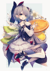 Rule 34 | 1girl, absurdres, black footwear, blue bow, blue choker, blue eyes, blue hair, blue nails, blush, bow, choker, cirno, commentary request, detached sleeves, dress, flower, food, frilled skirt, frills, fruit, full body, hair between eyes, hair bow, hair flower, hair ornament, highres, hito komoru, huge filesize, ice, ice wings, kiwi (fruit), layered dress, mandarin orange, nail polish, open mouth, orange (fruit), oversized food, oversized object, short hair, simple background, skirt, sleeveless, sleeveless dress, solo, thighhighs, touhou, white dress, white thighhighs, wings