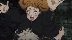 Rule 34 | 1boy, 1girl, animated, animated gif, asta (black clover), black clover, black dress, blush, breast smother, breasts, cleavage, dress, face to breasts, green eyes, large breasts, long sleeves, mimosa vermillion, open mouth, orange hair, white hair, wide-eyed