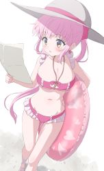 Rule 34 | 1girl, bikini, blush, breasts, collarbone, commentary request, earrings, frilled bikini, frills, grey hat, hat, highres, holding, holding paper, jewelry, kazairo kotone, key, large breasts, long hair, paper, pink bikini, pink hair, ponytail, revision, rpg fudousan, simple background, sincos, solo, standing, swimsuit, white background, yellow eyes