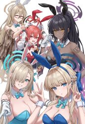 Rule 34 | 5girls, ^ ^, absurdres, akane (blue archive), akane (bunny) (blue archive), animal ears, aqua bow, aqua bowtie, asuna (blue archive), asuna (bunny) (blue archive), black-framed eyewear, blue archive, blush, bow, bowtie, cleaning &amp; clearing (blue archive), closed eyes, detached collar, double v, fake animal ears, glasses, gloves, gyaru v, halo, highres, karin (blue archive), karin (bunny) (blue archive), leotard, looking at viewer, multiple girls, neru (blue archive), neru (bunny) (blue archive), official alternate costume, playboy bunny, rabbit ears, simoumi 217, simple background, smile, strapless, strapless leotard, toki (blue archive), toki (bunny) (blue archive), v, white background, white gloves, wrist cuffs