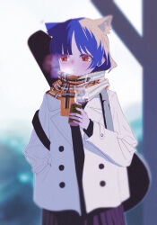 Rule 34 | 1girl, animal ears, blue hair, blurry, blurry background, blush, bocchi the rock!, can, cat ears, coat, cowboy shot, hand in pocket, highres, holding, holding can, instrument case, jacket, long sleeves, looking to the side, orange eyes, scarf, shinaq, short hair, skirt, solo, standing, white jacket, yamada ryo