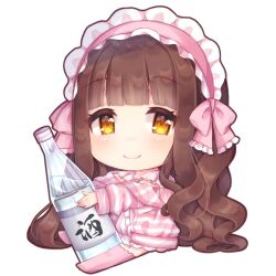 Rule 34 | 1girl, blush, bottle, brown hair, caramel (caramelmilk), chibi, closed mouth, commentary request, dress, frilled hairband, frills, full body, hairband, highres, holding, holding bottle, hood, hood down, hooded jacket, jacket, long hair, long sleeves, looking at viewer, mini person, minigirl, no shoes, original, pink hairband, pink thighhighs, puffy long sleeves, puffy sleeves, simple background, sitting, smile, solo, striped clothes, striped jacket, thighhighs, very long hair, white background, white dress, yellow eyes