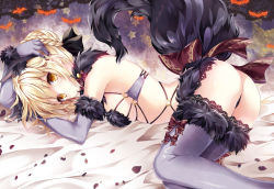 Rule 34 | 1girl, animal ears, artoria pendragon (all), artoria pendragon (fate), ass, bare shoulders, bat (animal), bed sheet, black ribbon, blonde hair, bow, braid, breasts, brown bow, commentary, cosplay, elbow gloves, fate/grand order, fate (series), french braid, fur-trimmed legwear, fur trim, gloves, hair between eyes, hair bun, hair ribbon, hand on own head, lace, lace-trimmed legwear, lace trim, looking at viewer, looking to the side, lying, mash kyrielight, mash kyrielight (dangerous beast), mash kyrielight (dangerous beast) (cosplay), medium breasts, nogi takayoshi, o-ring, official alternate costume, on side, petals, purple gloves, purple thighhighs, revealing clothes, ribbon, saber alter, shiny skin, short hair, sidelocks, single hair bun, solo, star (symbol), striped, striped bow, tail, thighhighs, wolf ears, wolf tail, yellow eyes