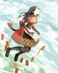 Rule 34 | 1girl, alice: madness returns, alice (alice in wonderland), alice in wonderland, alice liddell (american mcgee&#039;s alice), alternate costume, american mcgee&#039;s alice, apron, black hair, boots, brown eyes, brown pantyhose, card, chinaanchor, cloud, day, dress, elbow gloves, expressionless, floating card, floating card, flying, gloves, highres, long hair, pantyhose, puffy sleeves, sky, solo