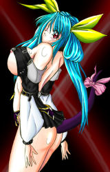 Rule 34 | 1girl, arc system works, ass, bare back, bare shoulders, blue hair, blush, breasts, dizzy (guilty gear), guilty gear, hair ribbon, large breasts, long hair, long sleeves, looking at viewer, nipple slip, nipples, red eyes, ribbon, skirt, smile, solo, tail, underboob, very long hair
