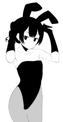 Rule 34 | 1girl, akino sora, animal ears, breasts, closed mouth, copyright request, cowboy shot, fake animal ears, gloves, gluteal fold, greyscale, hands up, highres, leotard, looking at viewer, monochrome, pantyhose, playboy bunny, rabbit ears, short hair, simple background, small breasts, smile, solo, thigh gap, white background