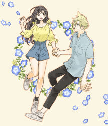Rule 34 | 1boy, 1girl, bare shoulders, black hair, blonde hair, blouse, blue eyes, breasts, casual, cloud strife, couple, earrings, final fantasy, final fantasy vii, final fantasy vii remake, floral background, full body, happy, highres, holding hands, jewelry, large breasts, legs, long hair, pants, red eyes, shirt, shoes, shorts, shouyu (soysoy), socks, spiked hair, tifa lockhart, white footwear