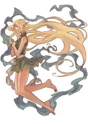Rule 34 | 1990s (style), 1girl, bad id, bad pixiv id, barefoot, blonde hair, circlet, deedlit, elf, float, floating hair, full body, highres, jeon9018, long hair, own hands together, pointy ears, record of lodoss war, retro artstyle, simple background, sleeveless, solo, very long hair, white background