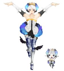 Rule 34 | 1girl, armor, armored dress, bare shoulders, boots, chibi, chibi inset, chibibro, colorfag, colorized, crane stance, drawfag, dress, elbow gloves, gloves, greaves, gwendolyn (odin sphere), highres, non-web source, odin sphere, open mouth, short hair, standing, standing on one leg, strapless, strapless dress, thigh boots, thighhighs, tiara, white hair, wings