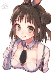 Rule 34 | 1girl, ahoge, animal ears, blush, breasts, brown eyes, brown hair, rabbit ears, collarbone, cropped arms, dated, detached collar, double bun, fake animal ears, gloves, kantai collection, koruri, leotard, naka (kancolle), sailor collar, short hair, signature, simple background, small breasts, smile, solo, tongue, tongue out, twitter username, white background, white gloves, white leotard, white sailor collar