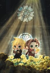 1boy 1girl aerith_gainsborough armor bangle blonde_hair blush bracelet braid braided_ponytail brick_wall brown_gloves brown_hair chibi church cloud_strife cropped_jacket dress earrings final_fantasy final_fantasy_vii flower flower_bed gloves highres jacket jewelry lily_(flower) me_me_cry open_mouth parted_bangs pauldrons pink_dress red_jacket short_hair shoulder_armor sidelocks single_braid single_earring single_pauldron smile spiked_hair stained_glass yellow_flower