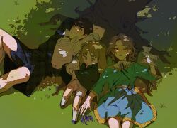 Rule 34 | 3boys, against tree, aged down, ahoge, animal ears, axis powers hetalia, bird, bird on hand, blonde hair, blue eyes, blue robe, brothers, brown hair, child, cloak, collared shirt, dappled sunlight, france (hetalia), grass, green cloak, green eyes, highres, huge ahoge, kemonomimi mode, kilt, krank327, lop rabbit ears, lying, male focus, medium hair, mouth hold, multiple boys, on back, on grass, one eye closed, open mouth, outdoors, rabbit, rabbit boy, rabbit ears, robe, scotland (hetalia), shirt, short hair, shorts, siblings, smile, stalk in mouth, sunlight, thick eyebrows, tree, tree shade, united kingdom (hetalia), white bird, white shirt