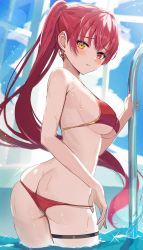 Rule 34 | 1girl, absurdres, ass, bare shoulders, bikini, blurry, blurry background, blush, breasts, butt crack, clothes tug, cowboy shot, day, earrings, from side, halterneck, heart, heart earrings, heterochromia, high ponytail, highres, hololive, houshou marine, houshou marine (summer), indoors, jewelry, large breasts, light particles, long hair, looking at viewer, nail polish, orange eyes, panty tug, parted lips, partially submerged, ponytail, pool, pool ladder, red bikini, red eyes, red hair, red nails, skindentation, solo, standing, string bikini, swimsuit, thigh strap, twisted torso, very long hair, virtual youtuber, water, wet, yamamoto (ymmt is sexy)