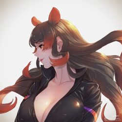 Rule 34 | 10s, 1girl, animal ears, black hair, bodysuit, breasts, cleavage, collarbone, commentary request, extra ears, highres, hippopotamus (kemono friends), hippopotamus ears, kemono friends, large breasts, long hair, multicolored hair, profile, red eyes, red hair, solo, takami masahiro, upper body
