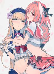 Rule 34 | 1boy, ass, astolfo (fate), astolfo (sailor paladin) (fate), blonde hair, blue eyes, blush, bow, braid, chevalier d&#039;eon (fate), commentary request, cropped shirt, fang, fate/grand order, fate (series), flower, hair between eyes, hair bow, hair flower, hair ornament, hairband, hand on another&#039;s chin, heart, highres, holding hands, long hair, looking at viewer, navel, no panties, official alternate costume, open mouth, pink eyes, pink hair, pleated skirt, revision, school uniform, serafuku, skirt, smile, straddling, thighhighs, trap, unworn skirt, walzrj, white background