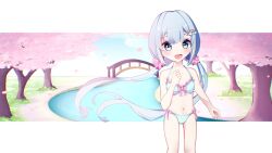 Rule 34 | 1girl, amami ami, belly, bikini, blue bikini, blue eyes, blue hair, blush, blush stickers, breasts, bridge, commission, eyebrows, eyelashes, flat chest, hair ornament, hair ribbon, highres, knees up, lake, looking at viewer, navel, open mouth, petals, prism project, ribbon, sky, small breasts, smile, swimsuit, tree, twintails, virtual youtuber, wallpaper