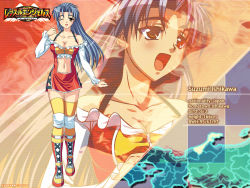 Rule 34 | 1girl, blue hair, boots, breasts, brown eyes, character name, cleavage, detached sleeves, dress, highres, huge breasts, ishikawa suzumi, knee pads, large breasts, long hair, one eye closed, smile, solo, stats, wink, wrestle angels, wrestle angels survivor, wrestling outfit