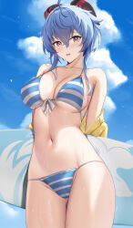 Rule 34 | 1girl, ahoge, alternate costume, bare shoulders, bikini, blue hair, blush, breasts, cameltoe, cleavage, commentary, english commentary, ganyu (genshin impact), genshin impact, goat horns, hair between eyes, highres, holding, holding surfboard, horns, large breasts, long hair, looking at viewer, navel, off shoulder, outdoors, parted lips, purple eyes, sideboob, skai kun, solo, stomach, striped bikini, striped clothes, surfboard, swimsuit, underboob, wet