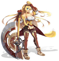 Rule 34 | 1girl, axe, bare shoulders, blue eyes, breasts, determined, dragalia lost, eyewear on head, unworn eyewear, full body, gloves, gonzarez, highres, holding, holding axe, large breasts, looking at viewer, pantyhose, ramona (dragalia lost), shorts, smile, steampunk, strap, sweat, white background