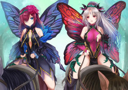 Rule 34 | 2girls, akuru (akr369akr), bare shoulders, breasts, butterfly wings, center opening, commission, covered navel, detached sleeves, facial mark, fairy wings, fire emblem, fire emblem heroes, flower, forehead mark, hair flower, hair ornament, horse, horseback riding, insect wings, large breasts, leotard, medium breasts, multiple girls, nintendo, pelvic curtain, plant, plumeria (fire emblem), ponytail, red eyes, reins, riding, rose, saddle, sideboob, silver hair, skeb commission, smile, thorns, triandra (fire emblem), vines, wings