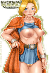Rule 34 | armlet, bianca (dq5), blonde hair, blue eyes, breasts, cape, censored, dragon quest, dragon quest v, earrings, jewelry, large areolae, large breasts, no panties, sakuradou, skirt, smile, square enix
