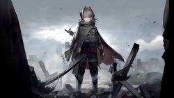 Rule 34 | 1girl, arknights, artist request, assault rifle, black gloves, cape, cloud, cloudy sky, expressionless, feet out of frame, fingerless gloves, game cg, gloves, gun, hair between eyes, horns, knee pads, load bearing vest, long sleeves, looking at viewer, military, military uniform, official art, outdoors, rifle, short hair, silver hair, sky, solo, standing, uniform, w (arknights), weapon