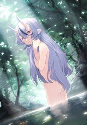 Rule 34 | 1girl, absurdres, ass, black hair, blush, commentary request, completely nude, day, dutch angle, forest, from side, highres, horns, huge filesize, light rays, long hair, looking at viewer, looking to the side, multicolored hair, nature, nijisanji, nude, outdoors, parted lips, pointy ears, pond, purple eyes, purple hair, rindou mikoto, skin-covered horns, solo, streaked hair, sunbeam, sunlight, tamayume, tree, very long hair, virtual youtuber, wading, water, wet