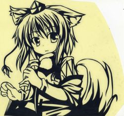 Rule 34 | 1girl, :3, animal ears, detached sleeves, female focus, hat, highres, inubashiri momiji, long sleeves, monochrome, msumisa, pet food, shirt, short hair, simple background, solo, tail, touhou, wolf ears, wolf tail