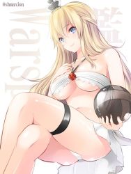 Rule 34 | 10s, 1girl, adapted costume, bandeau, bare shoulders, bikini, blonde hair, blue eyes, blush, breasts, character name, closed mouth, collarbone, crossed legs, crown, globus cruciger, half updo, kadokawa shoten, kantai collection, large breasts, long hair, looking at viewer, maki (seventh heaven maxion), mini crown, navel, one-hour drawing challenge, sarong, smile, solo, stomach, swimsuit, thighlet, underboob, warspite (kancolle), white bikini