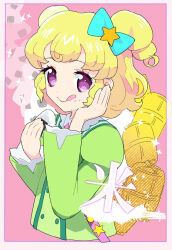 Rule 34 | 1girl, blonde hair, blue bow, border, bow, closed mouth, commentary request, cropped torso, food, food on face, green shirt, hair bow, hair ornament, hand on own cheek, hand on own face, hands up, holding, holding food, idol time pripara, long sleeves, looking at viewer, moudoku (decopon3rd), onigiri, pink background, pretty series, pripara, purple eyes, school uniform, shirt, smile, solo, star (symbol), star hair ornament, tongue, tongue out, translation request, two side up, upper body, white border, yumekawa yui