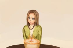 Rule 34 | 1girl, anonymous drawfag, atlus, birthday cake, blowing, brown eyes, brown hair, cake, candle, cardigan, food, fushimi chihiro, glasses, highres, long hair, persona, persona 3, shin megami tensei, simple background, solo