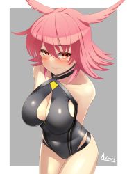 Rule 34 | 1girl, a.nori, absurdres, arms behind back, black one-piece swimsuit, blush, breasts, bright pupils, cleavage cutout, clothing cutout, covered navel, fate/grand order, fate (series), grey background, head wings, highres, hildr (fate), hildr (swimsuit assassin) (fate), large breasts, one-piece swimsuit, pink hair, red eyes, signature, smile, swimsuit, valkyrie (fate), white pupils, wings