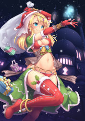 Rule 34 | 1girl, anklet, arm up, bell, bikini, blonde hair, blue eyes, blush, boots, breasts, capelet, center opening, christmas, circlet, cleavage, cleavage cutout, clothing cutout, dancer, fur boots, gift, hat, high heels, highres, jewelry, leg up, legs, long hair, navel, night, original, outstretched arm, red footwear, red thighhighs, sack, santa boots, santa costume, santa hat, sasaame, shiny skin, smile, snow, solo, swimsuit, thigh boots, thighhighs, thighs