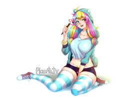 Rule 34 | 1girl, :d, ahoge, akchu, animal hood, bangle, belt, between legs, blonde hair, blue eyes, blue hair, blue shorts, bracelet, breasts, collarbone, converse, eyelashes, fingernails, groin, hair ornament, hair tie, hand between legs, hand up, heart, heterochromia, highres, holding, holding pen, hood, hood up, jewelry, large breasts, long fingernails, long hair, looking at viewer, mimi (picarto.tv), multicolored hair, navel, open mouth, pen, picarto.tv, pink hair, pink lips, red footwear, shirt, shoelaces, shoes, short shorts, shorts, simple background, sitting, smile, sneakers, solo, striped clothes, striped legwear, striped thighhighs, stylus, teeth, thighhighs, twintails, upper teeth only, white background, yellow eyes