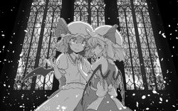 Rule 34 | 2girls, back bow, bat wings, bow, brooch, closed mouth, collared shirt, cowboy shot, flandre scarlet, frilled shirt, frilled shirt collar, frilled sleeves, frills, greyscale, hair between eyes, hat, highres, indoors, jewelry, looking at another, medium hair, mob cap, monochrome, multiple girls, puffy short sleeves, puffy sleeves, remilia scarlet, shirt, short sleeves, skirt, sleeve ribbon, stained glass, sunatoshi, touhou, vest, wings