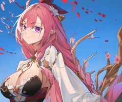 1girl absurdres bad_id bad_pixiv_id bell blue_sky branch breasts cherry_blossoms cleavage closed_mouth diamond-shaped_pupils diamond_(shape) elf elysia_(herrscher_of_human:_ego)_(honkai_impact) elysia_(honkai_impact) elysia_(peachy_spring)_(honkai_impact) flower hair_bell hair_flower hair_ornament highres honkai_(series) honkai_impact_3rd large_breasts long_hair long_sleeves looking_at_viewer official_alternate_costume pink_hair pointy_ears puffy_long_sleeves puffy_sleeves purple_eyes sky smile solo soranoki symbol-shaped_pupils upper_body very_long_hair