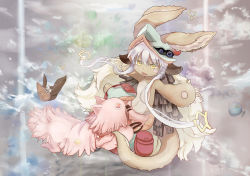Rule 34 | :3, :d, animal ears, brown eyes, ears through headwear, fang, furry, helmet, highres, made in abyss, mitty (made in abyss), nanachi (made in abyss), open mouth, outstretched arms, pouch, red eyes, rin cat, sidelocks, smile, spread arms, stuffed animal, stuffed toy, tail, whiskers, white hair