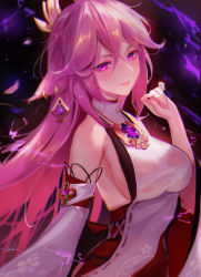 1girl absurdres bad_id bad_pixiv_id bare_shoulders black_background blush breasts commentary commentary_request detached_sleeves english_commentary genshin_impact hair_ornament hand_up highres japanese_clothes large_breasts long_hair long_sleeves looking_at_viewer miko mixed-language_commentary parted_lips petals pink_hair purple_eyes revision smile solo upper_body wide_sleeves xude yae_miko