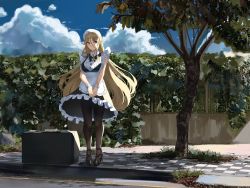 Rule 34 | 1girl, ankle strap, apron, black dress, black footwear, blonde hair, blue eyes, blue sky, commentary request, day, dress, elf, frilled apron, frills, full body, high heels, long hair, long pointy ears, maid, maid apron, maid headdress, nicky w, original, outdoors, pantyhose, pointy ears, road, sky, sleeveless, sleeveless dress, solo, standing, strappy heels, street, tree, waist apron, white apron