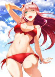 Rule 34 | 10s, 1girl, beach, bikini, blush, breasts, cloud, collarbone, commentary request, darling in the franxx, day, from below, green eyes, hairband, highres, horns, looking at viewer, medium breasts, navel, nekoi hikaru, one eye closed, outdoors, pink hair, red bikini, shiny skin, sky, smile, solo, sparkle, stomach, swimsuit, zero two (darling in the franxx)