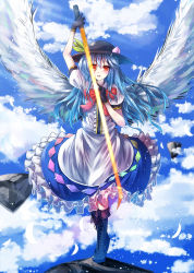 Rule 34 | 1girl, angel wings, bad id, bad pixiv id, black gloves, blue hair, boots, cloud, cross-laced footwear, day, food, fruit, gloves, hat, highres, hinanawi tenshi, keystone, lace-up boots, long hair, open mouth, peach, red eyes, sky, smile, solo, sword, sword of hisou, toritori (yakitoriya), touhou, weapon, wings