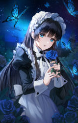 Rule 34 | 1girl, apron, black hair, blue eyes, blue flower, blue rose, blunt bangs, bug, butterfly, castle, collar, flower, highres, holding, holding flower, insect, juliet sleeves, long hair, long sleeves, looking at viewer, maid, maid apron, maid headdress, night, night sky, original, outdoors, parted lips, plus1024, puffy sleeves, rose, sky, solo, star (sky), starry sky, wrist cuffs