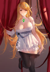 Rule 34 | 1girl, absurdres, bare shoulders, black pantyhose, blonde hair, blush, breasts, chest jewel, cleavage, clothes pull, curtains, dress, earrings, gloves, highres, jewelry, large breasts, long hair, looking to the side, mythra (massive melee) (xenoblade), mythra (xenoblade), panties, panty pull, pantyhose, pantyhose pull, parted lips, poster (object), single glove, solo, swd3e2, swept bangs, underwear, white dress, white panties, xenoblade chronicles (series), xenoblade chronicles 2, yellow eyes