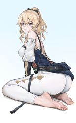 Rule 34 | 1girl, ass, ass focus, bare back, bare shoulders, barefoot, blonde hair, blue eyes, capelet, coattails, cross, cross earrings, earrings, feet, foot focus, genshin impact, highres, huge ass, iuui, jean (genshin impact), jewelry, leash, looking at viewer, medium hair, no shoes, pants, ponytail, pussy juice, pussy juice trail, shoes, simple background, soles, tight clothes, tight pants, toes, unworn shoes, white pants