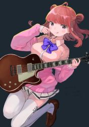 Rule 34 | 1girl, :q, absurdres, ahoge, blue bow, blush, bow, breasts, brown footwear, brown hair, closed mouth, collared shirt, copyright request, diagonal-striped bow, double bun, dress shirt, grey background, guitar, hair bun, hand up, highres, holding, holding instrument, instrument, jacket, karamomo, loafers, long hair, long sleeves, looking at viewer, medium breasts, open clothes, open jacket, pink jacket, pleated skirt, purple eyes, school uniform, shirt, shoes, simple background, skirt, sleeves past wrists, smile, solo, striped, thighhighs, tongue, tongue out, translation request, virtual youtuber, white shirt, white skirt, white thighhighs